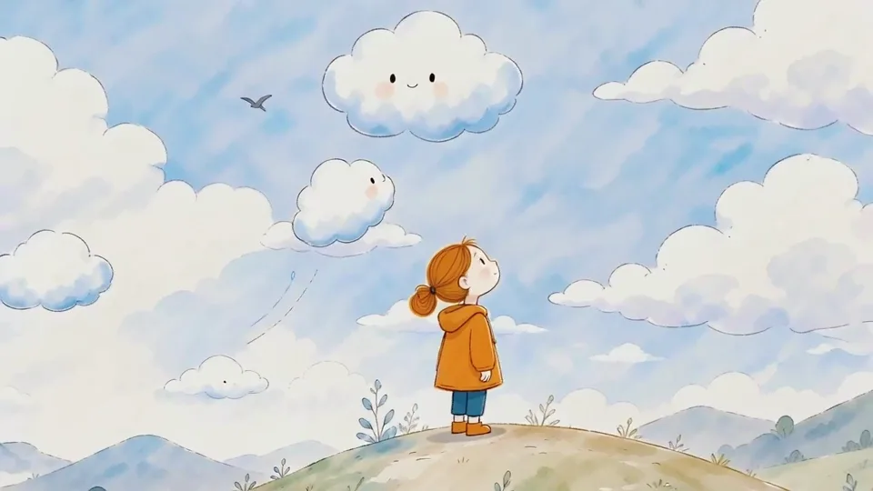 AI少儿插画视频中的女孩与云朵