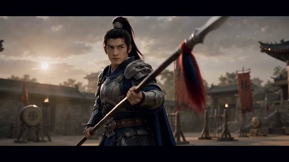AI历史电影概念预告中的古代武将与练兵场景